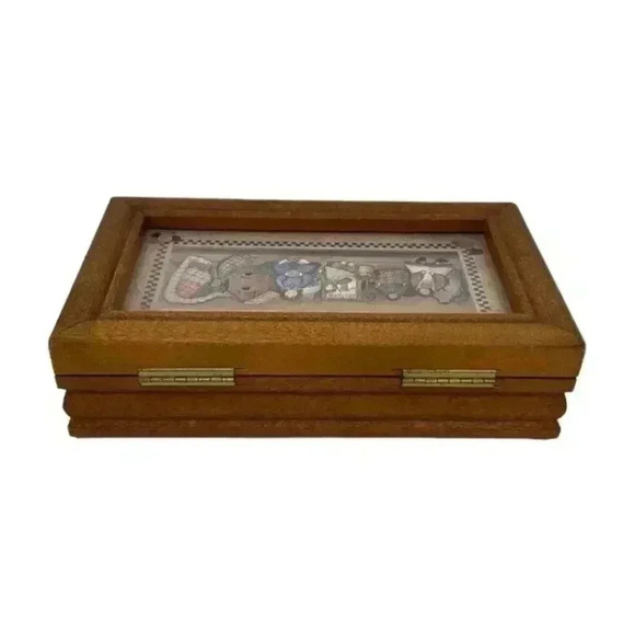 Wooden Jewelry Box Rag Dolls on Shelf Folk Art Print Hinged Lid Country Vintage - Picture 4 of 9